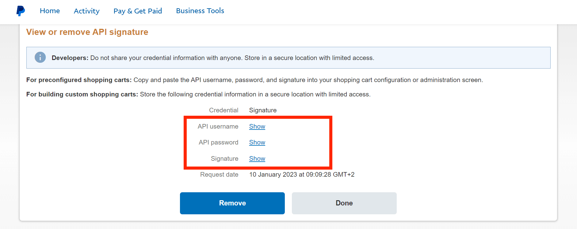PayPal business account credentials