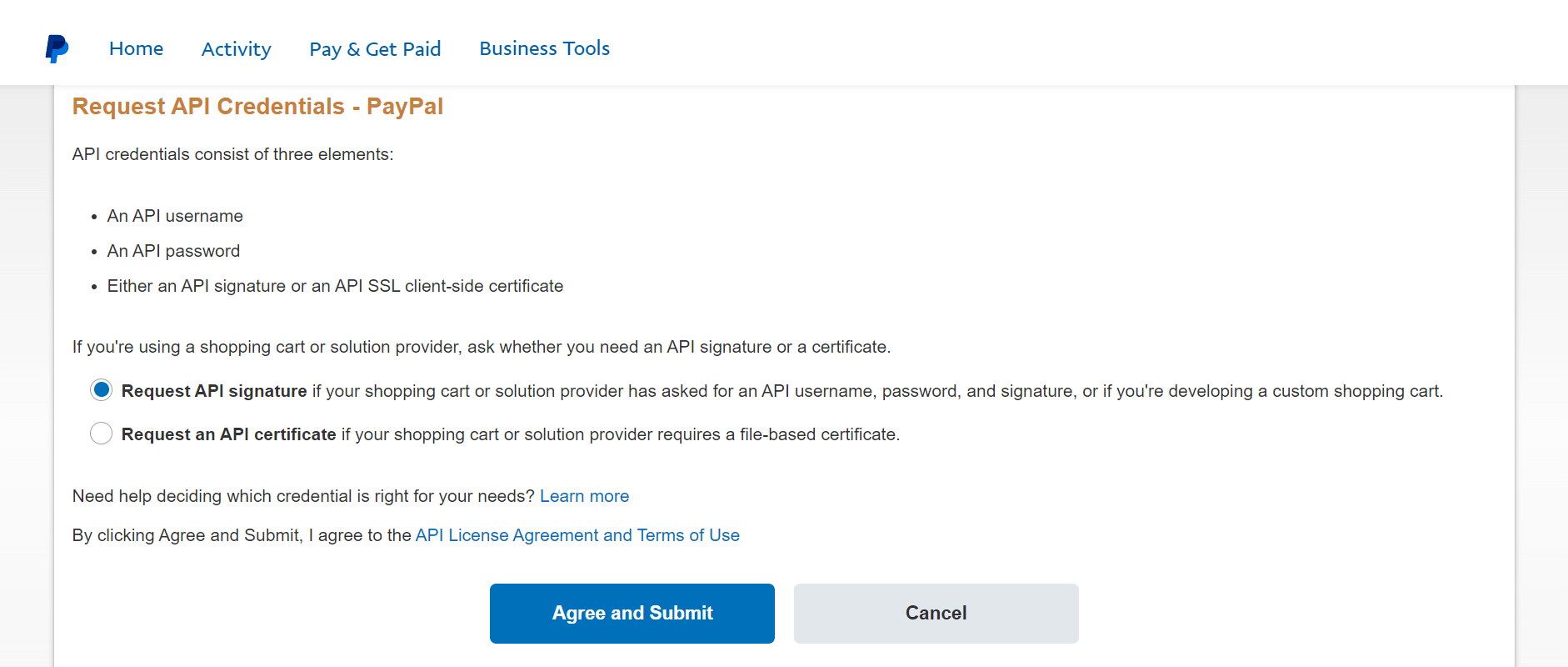 Рисунок 6. Request API signature -  Agree and Submit.